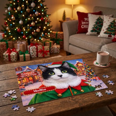 Head Elf Cat Jigsaw Puzzle with Tin (10"x8")
