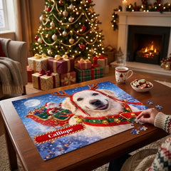 Santa's Reindeer Dog Jigsaw Puzzle with Tin (10"x8")