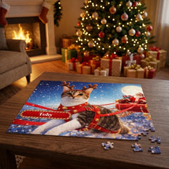 Santa's Reindeer Cat Jigsaw Puzzle with Tin (10"x8")